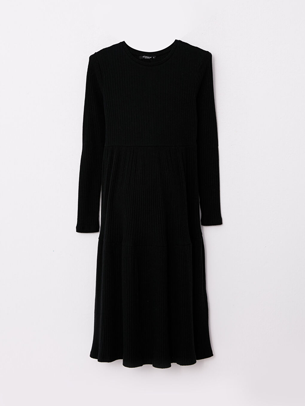 Siyah Bisiklet Yaka Düz Uzun Kollu Hamile Elbise-5