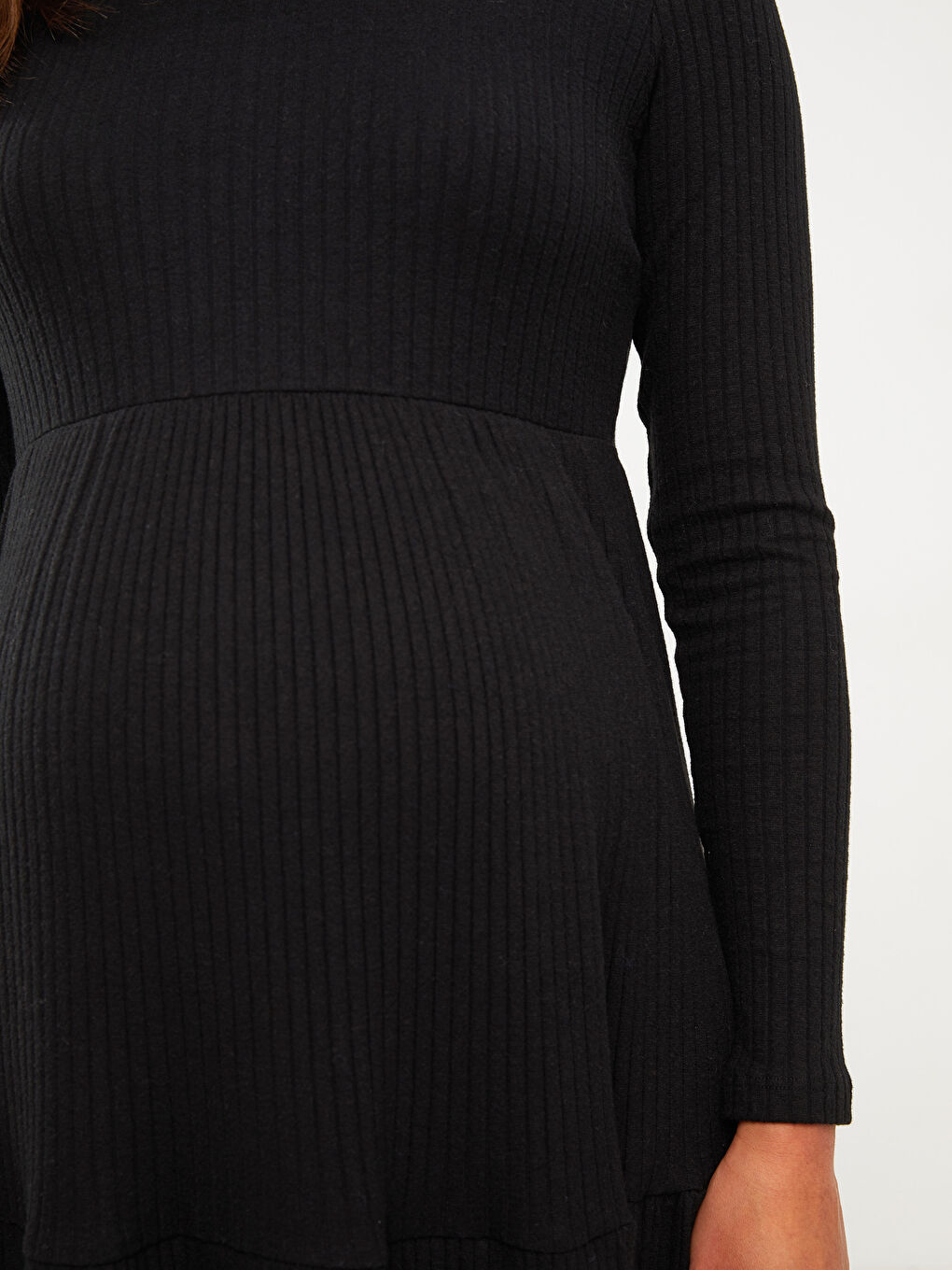 Siyah Bisiklet Yaka Düz Uzun Kollu Hamile Elbise-3