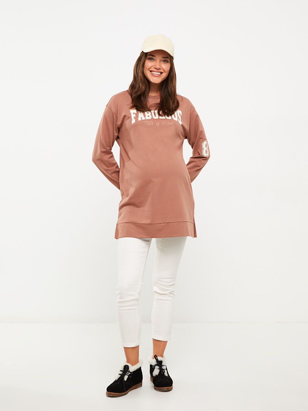 LCWAIKIKI Maternity Açık Kahverengi Bisiklet Yaka Baskılı Uzun Kollu Hamile Sweatshirt Tunik - 2