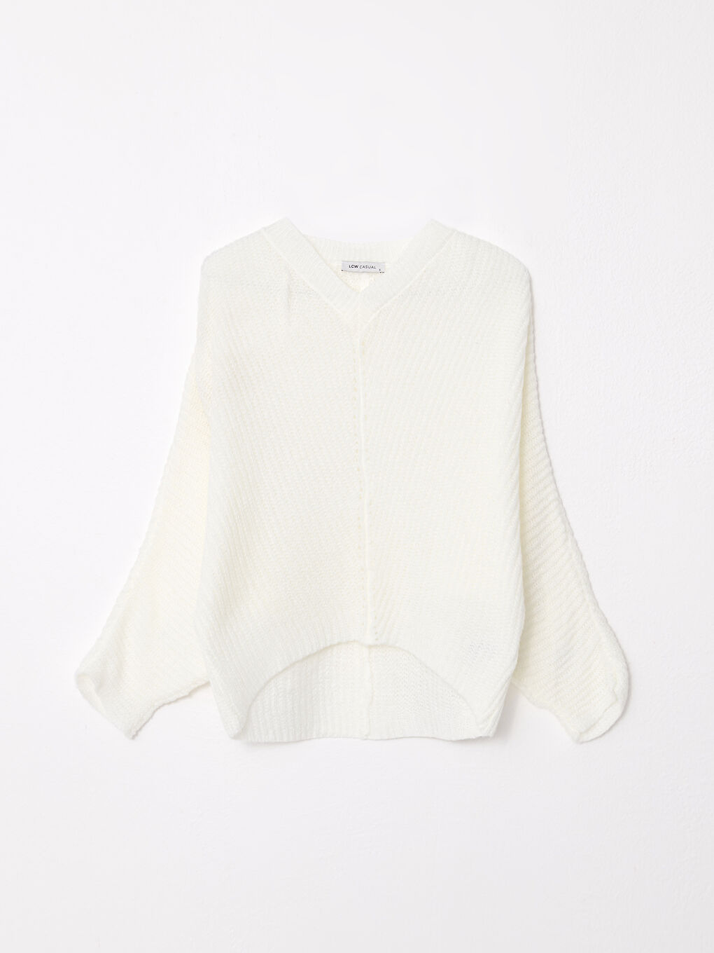 Ekru V Yaka Düz Uzun Kollu Kadın Triko Kazak-4