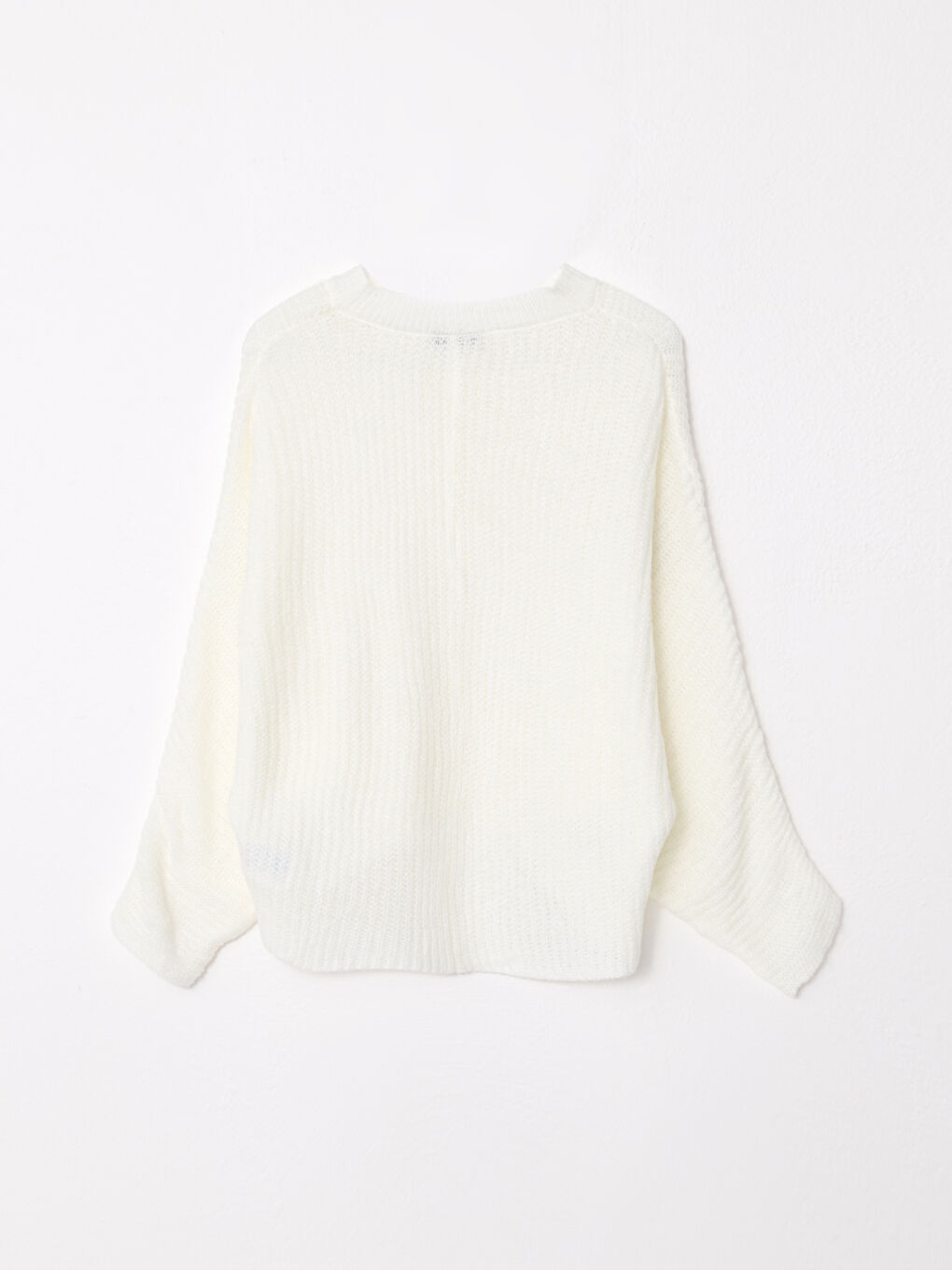 Ekru V Yaka Düz Uzun Kollu Kadın Triko Kazak-5