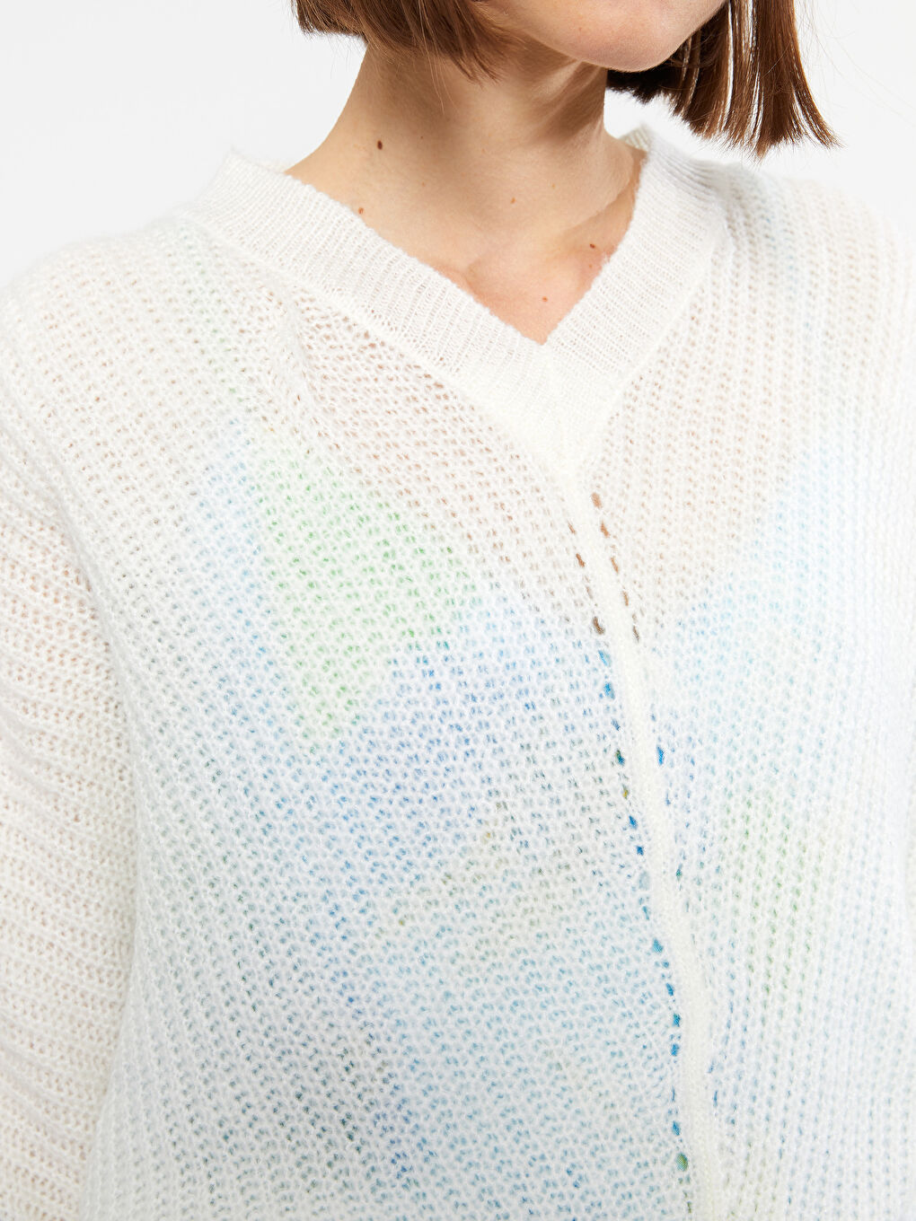 Ekru V Yaka Düz Uzun Kollu Kadın Triko Kazak-2