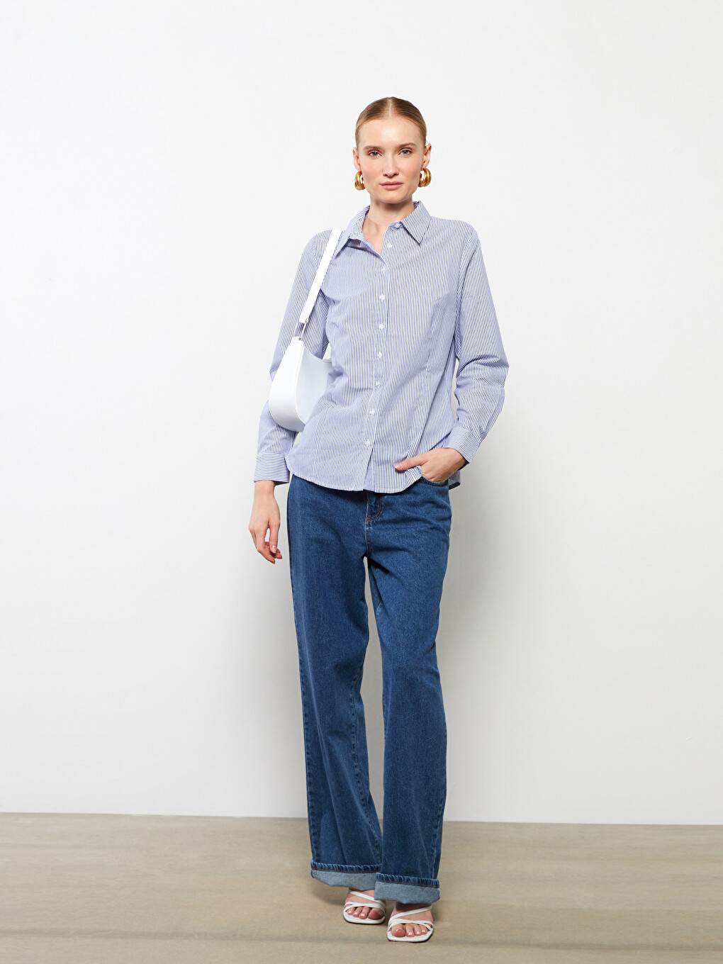 Buttoned Striped Long Sleeve Cotton Women's Shirt-1