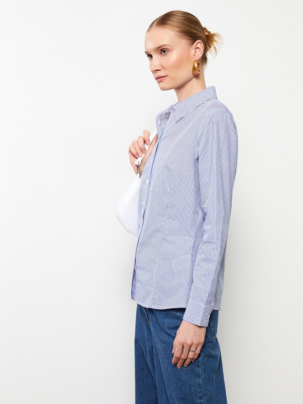 Buttoned Striped Long Sleeve Cotton Women's Shirt-2