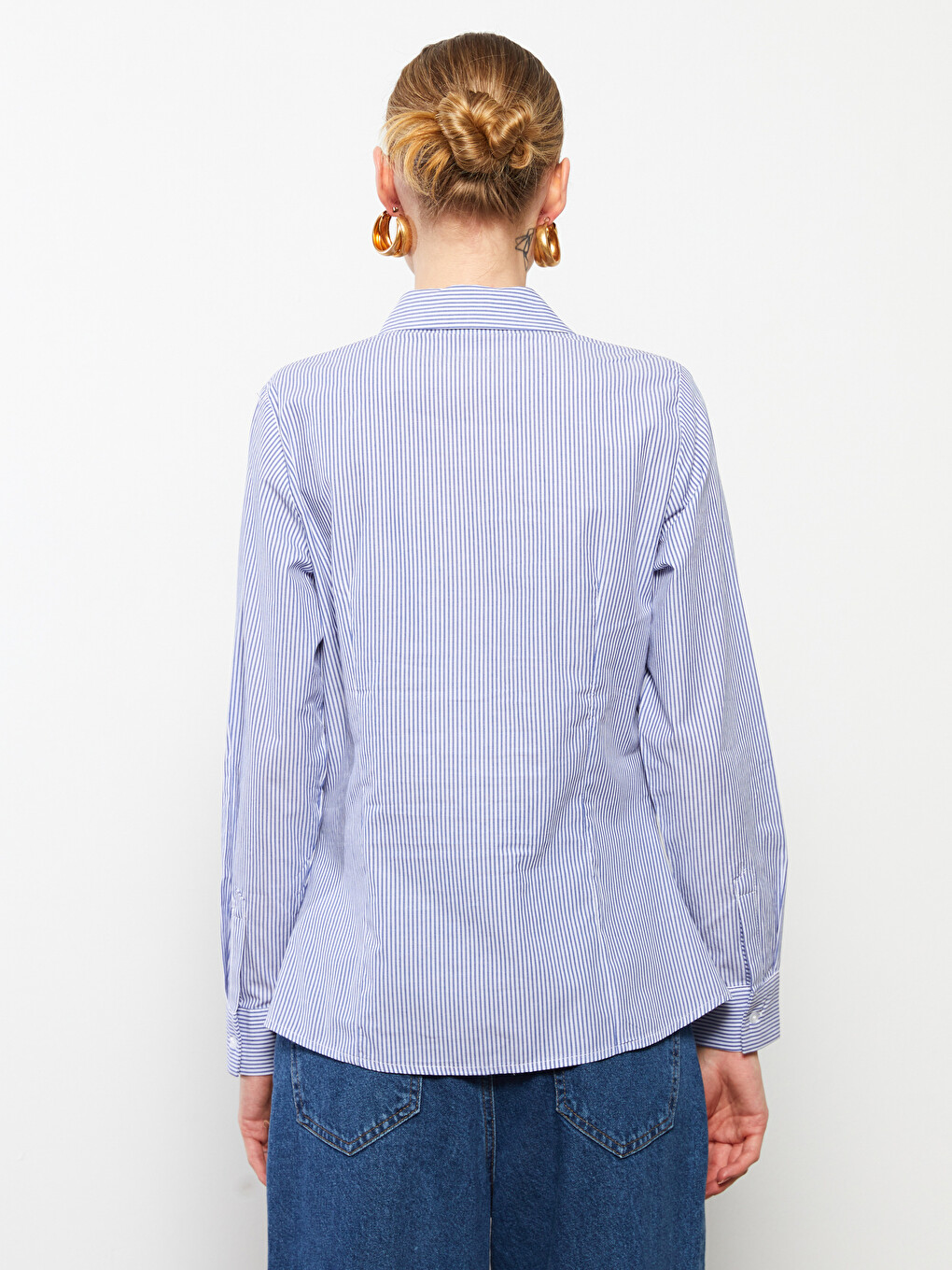 Buttoned Striped Long Sleeve Cotton Women's Shirt-4
