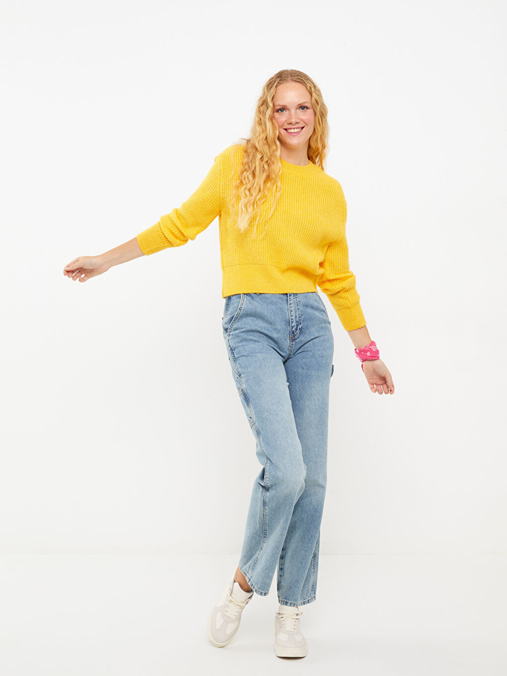 Sarı Bisiklet Yaka Düz Uzun Kollu Kadın Triko Kazak