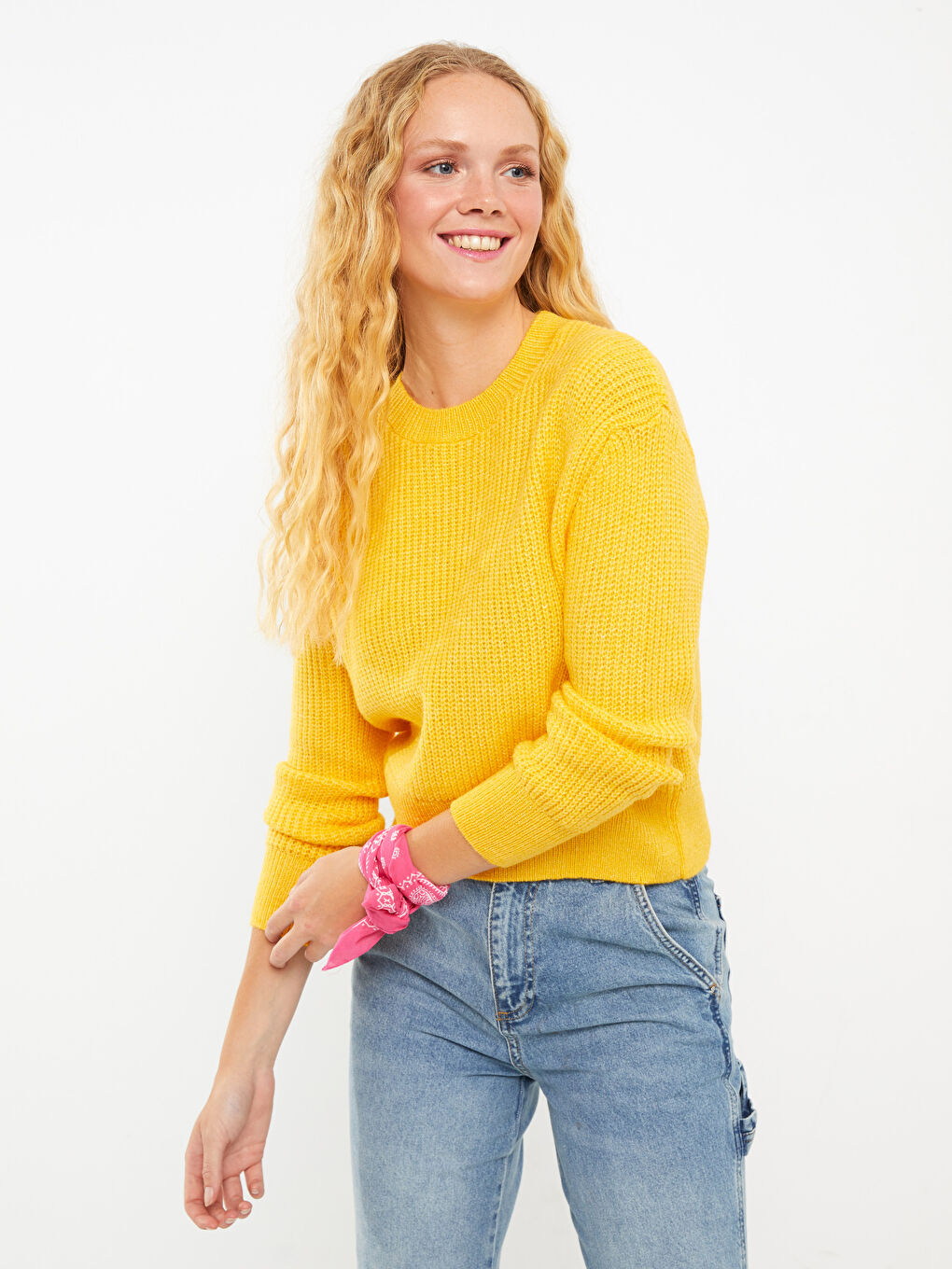 Sarı Bisiklet Yaka Düz Uzun Kollu Kadın Triko Kazak-1