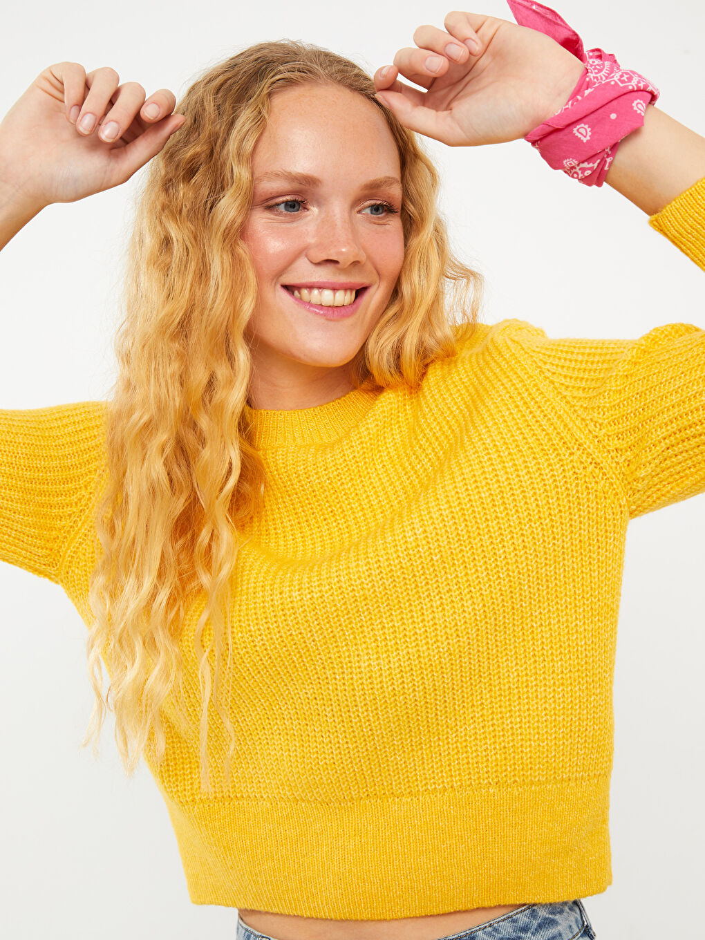 Sarı Bisiklet Yaka Düz Uzun Kollu Kadın Triko Kazak-2