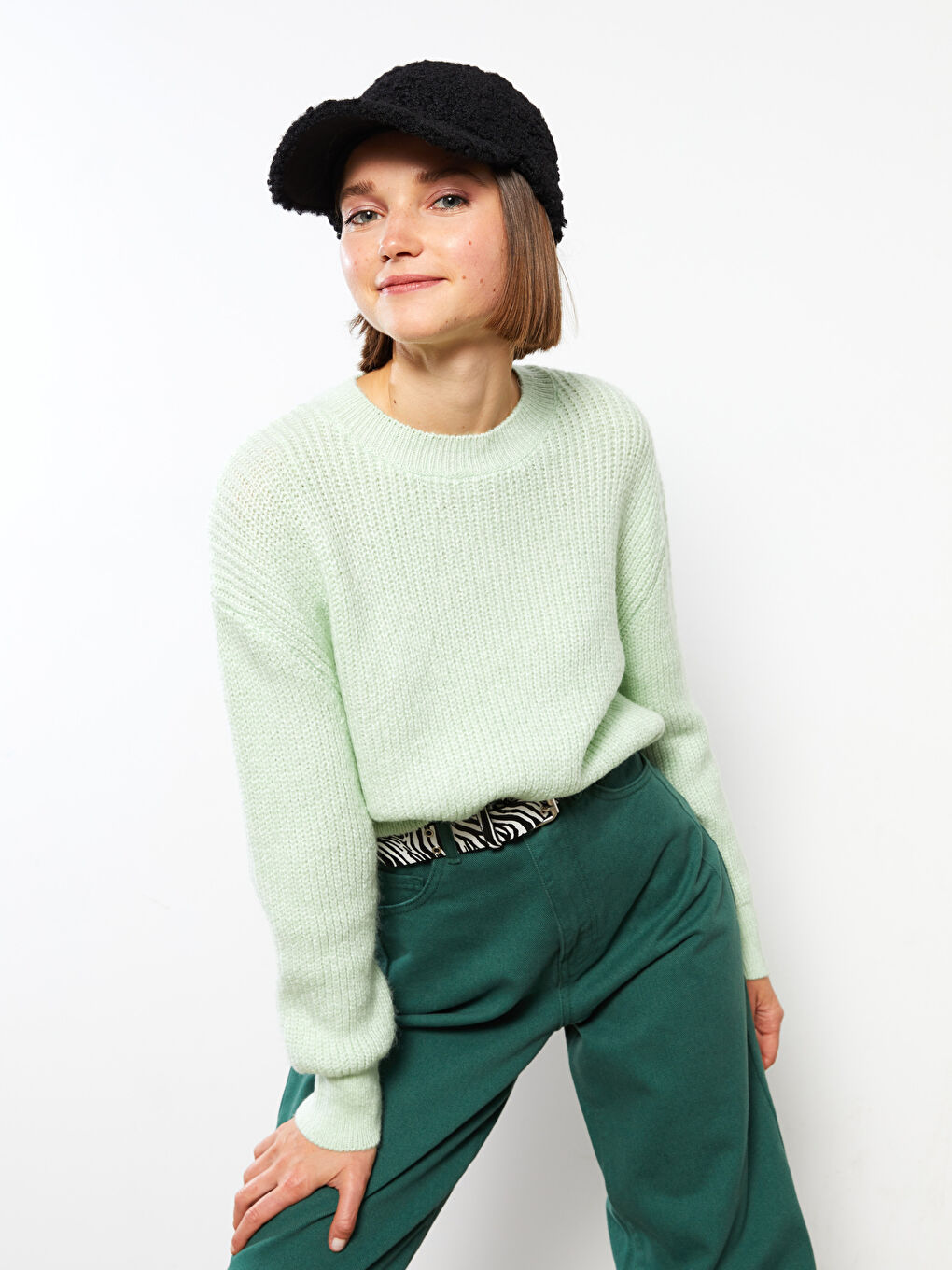 Pulover Tricotat Simplu cu Mânecă Lungă și Guler Rotund pentru Femei