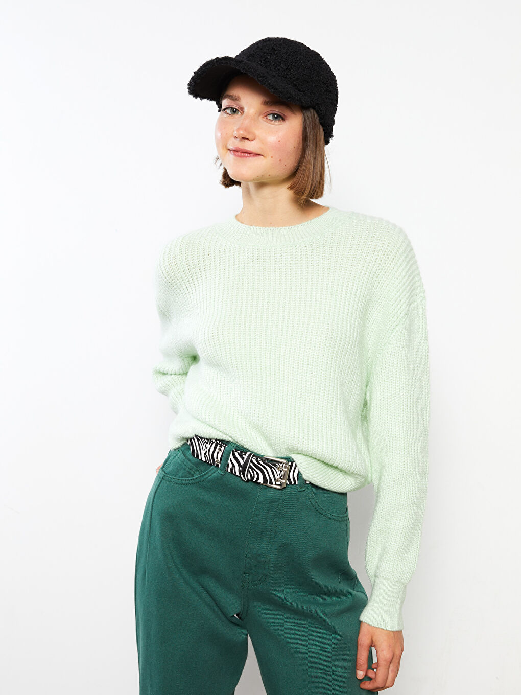 Pulover Tricotat Simplu cu Mânecă Lungă și Guler Rotund pentru Femei-1