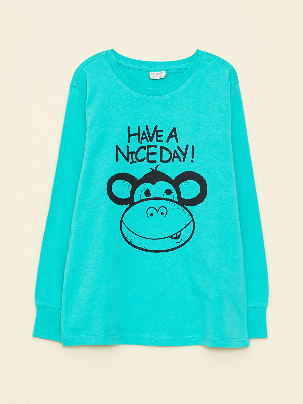 طقم بيجامة أولاد كم طويل مطبوع قرد نوستالجي بياقة دائرية-1