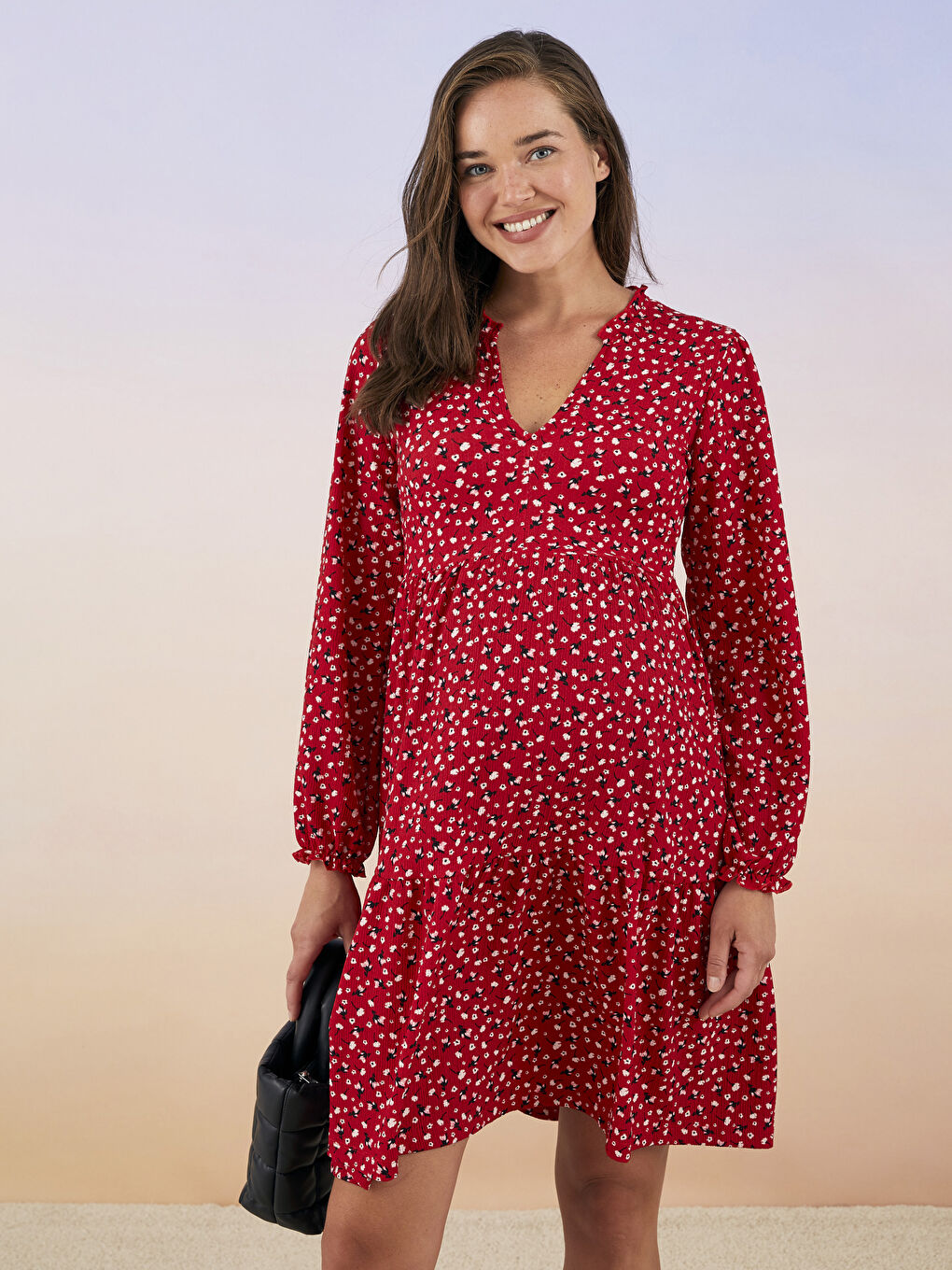 Kırmızı V Yaka Desenli Uzun Kollu Krinkle Hamile Elbise