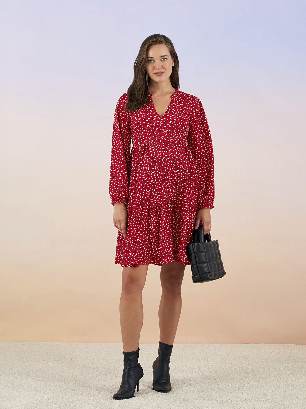 Kırmızı V Yaka Desenli Uzun Kollu Krinkle Hamile Elbise-1