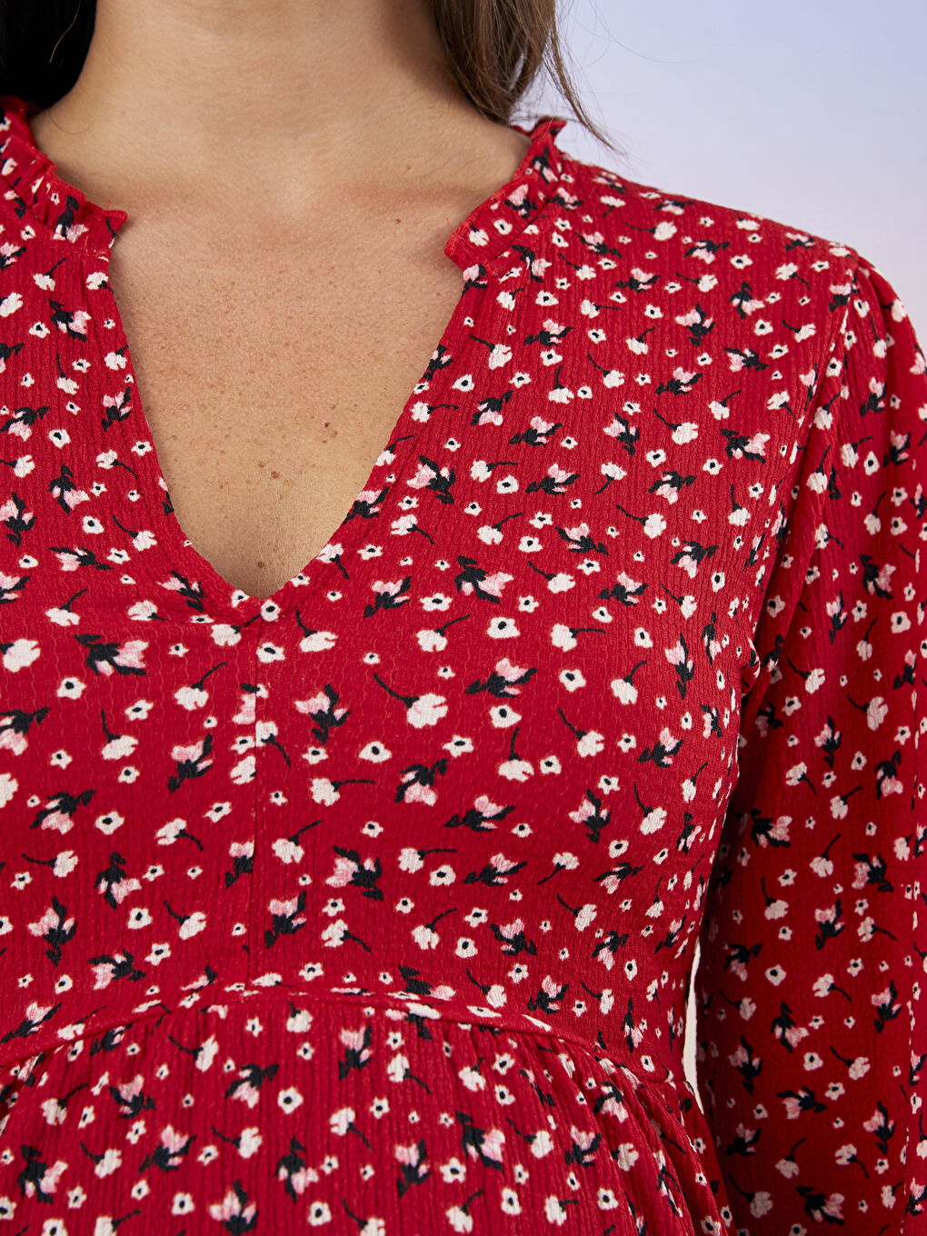 Kırmızı V Yaka Desenli Uzun Kollu Krinkle Hamile Elbise-3