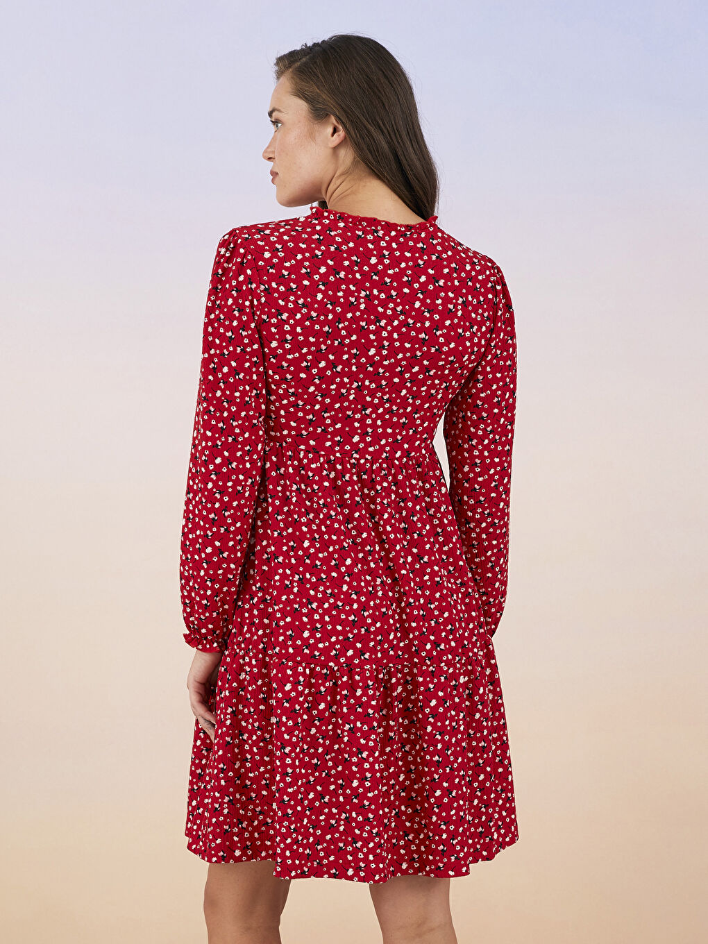 Kırmızı V Yaka Desenli Uzun Kollu Krinkle Hamile Elbise-4