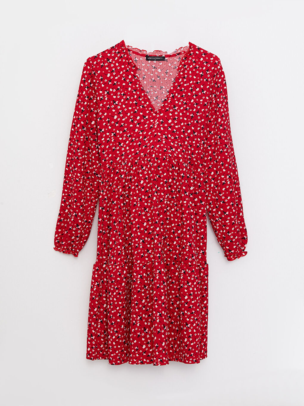 Kırmızı V Yaka Desenli Uzun Kollu Krinkle Hamile Elbise-5