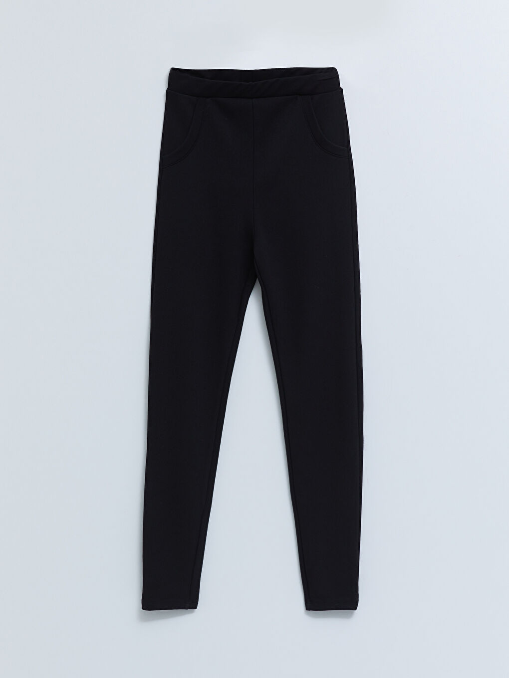 Siyah Kadın Beli Lastikli Düz Tayt-5