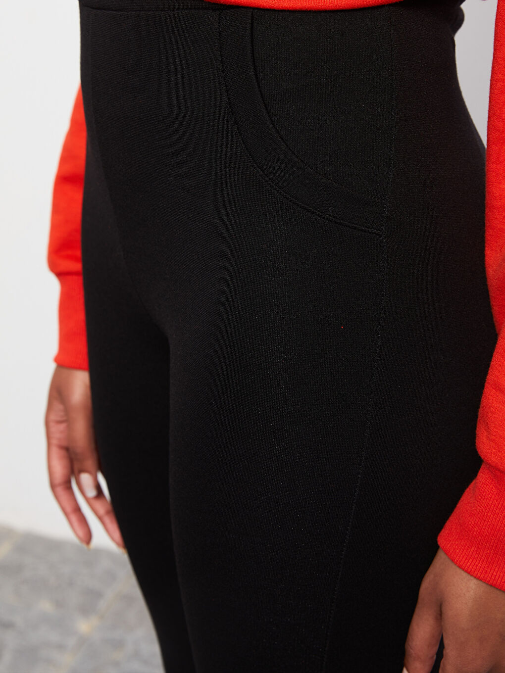 Siyah Kadın Beli Lastikli Düz Tayt-2