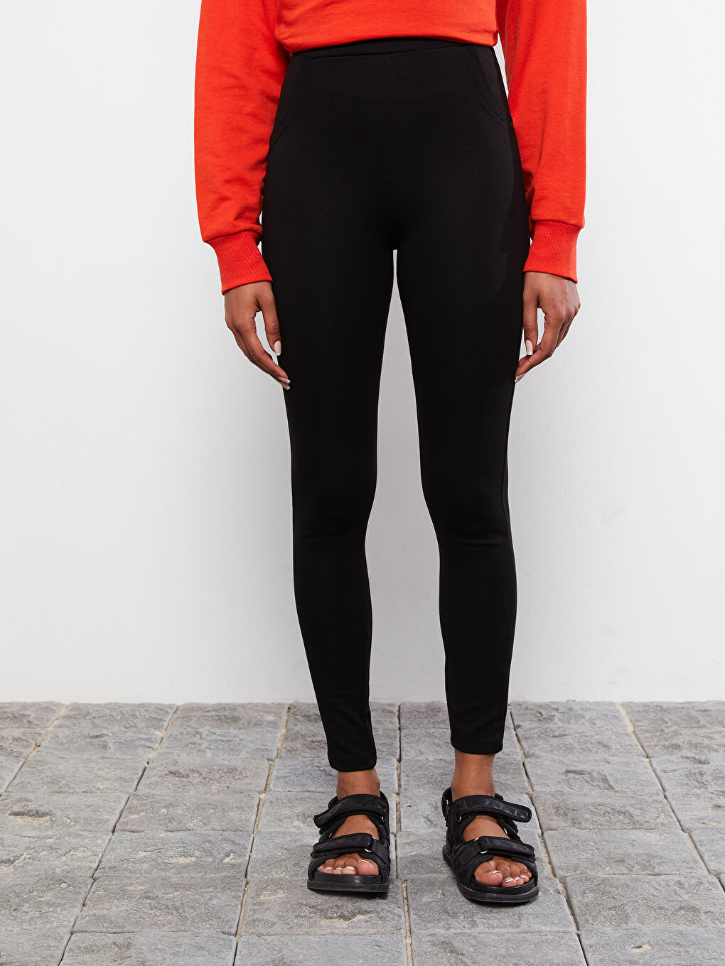 Siyah Kadın Beli Lastikli Düz Tayt-3