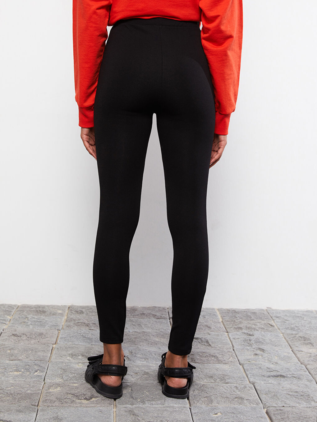 Siyah Kadın Beli Lastikli Düz Tayt-4