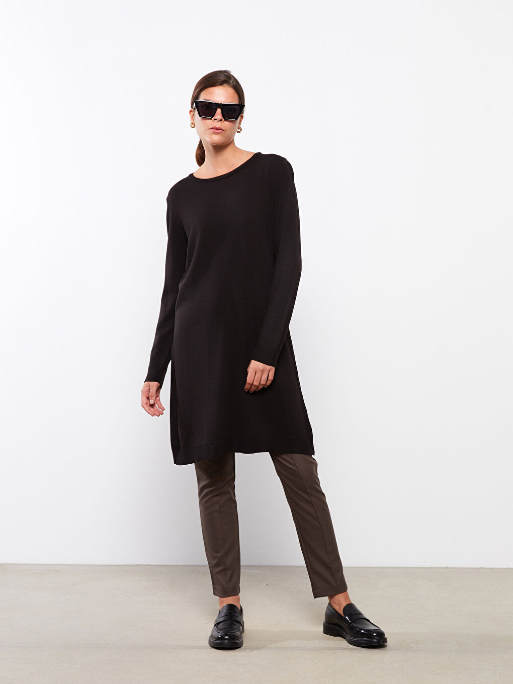 Crew Neck Plain Long Sleeve Women's Knitwear Tunic