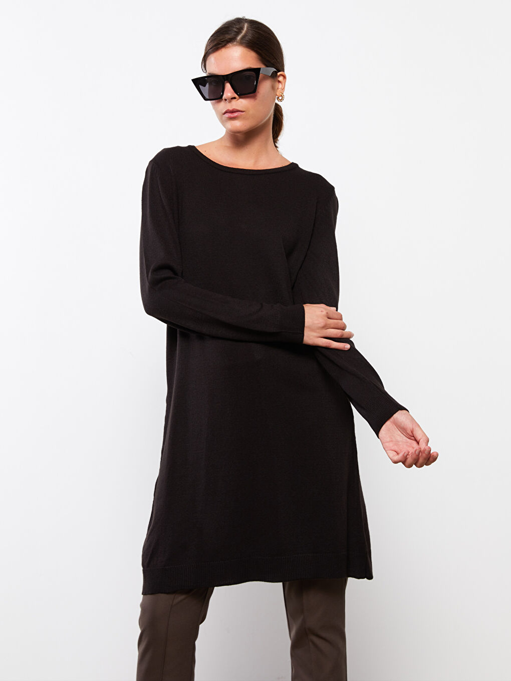 Crew Neck Plain Long Sleeve Women's Knitwear Tunic-1
