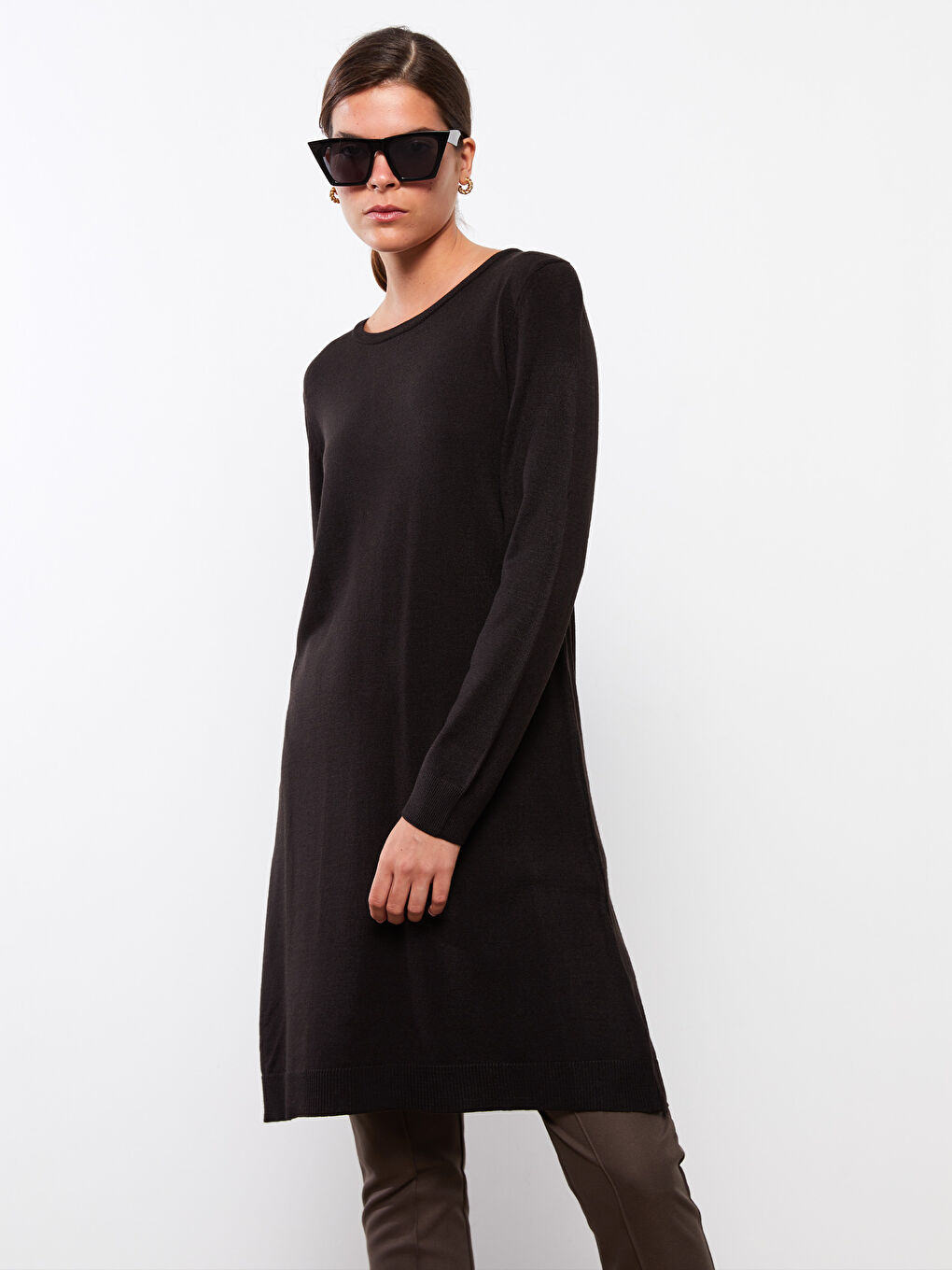 Crew Neck Plain Long Sleeve Women's Knitwear Tunic-2