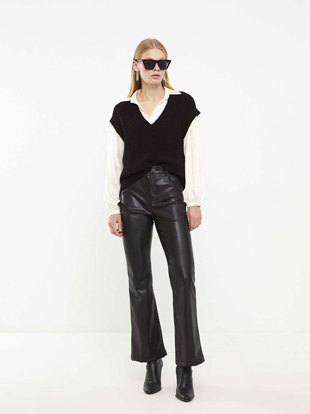 Siyah Kadın V Yaka Düz Triko Süveter-5