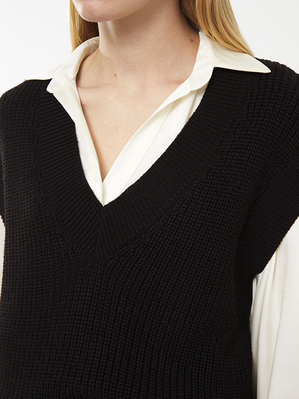 Siyah Kadın V Yaka Düz Triko Süveter-7