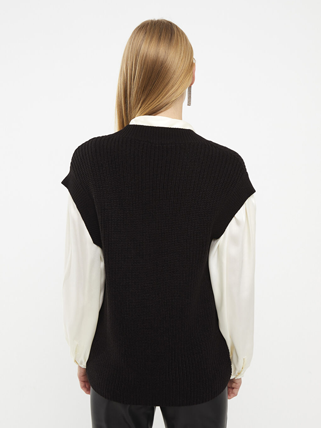 Siyah Kadın V Yaka Düz Triko Süveter-9