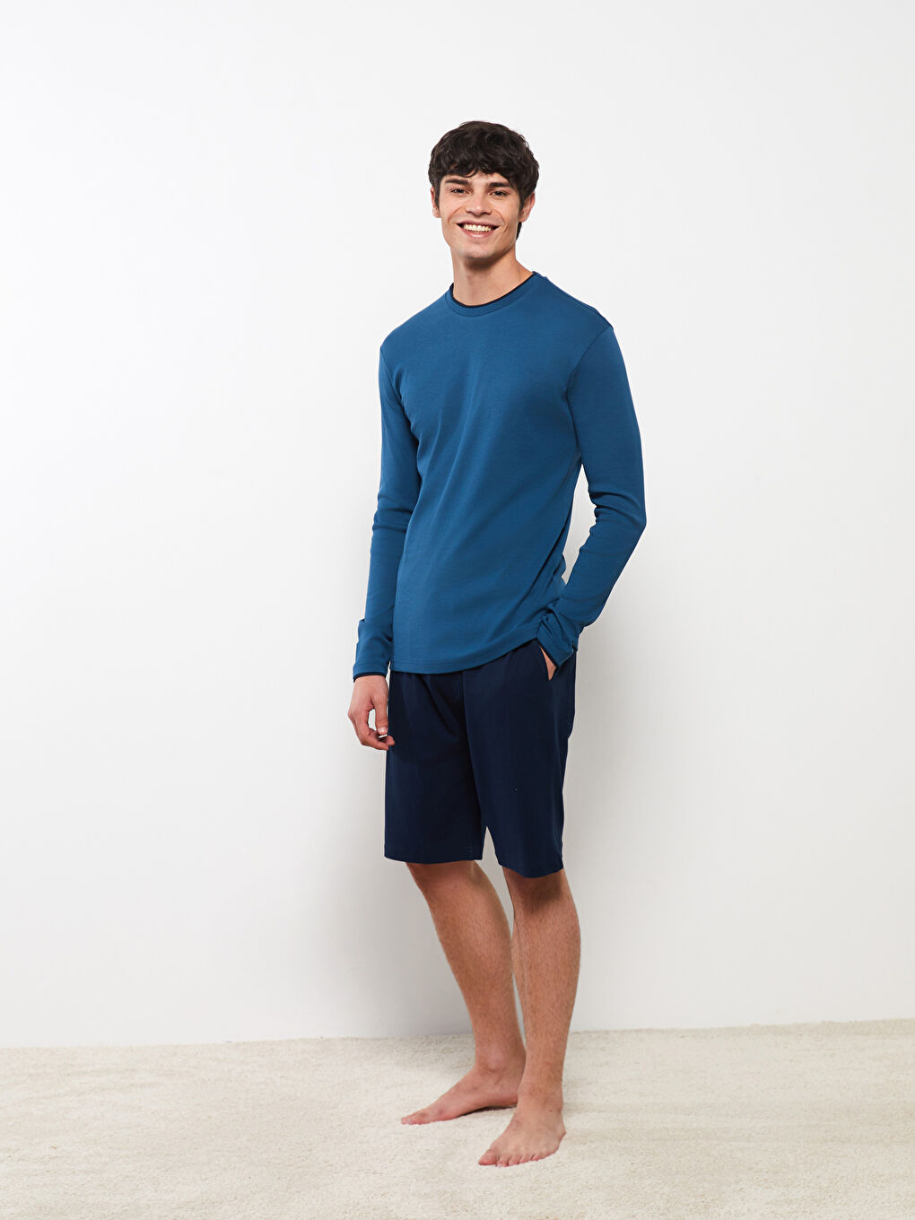 Petrol Bisiklet Yaka Uzun Kollu Erkek Pijama Üst-1