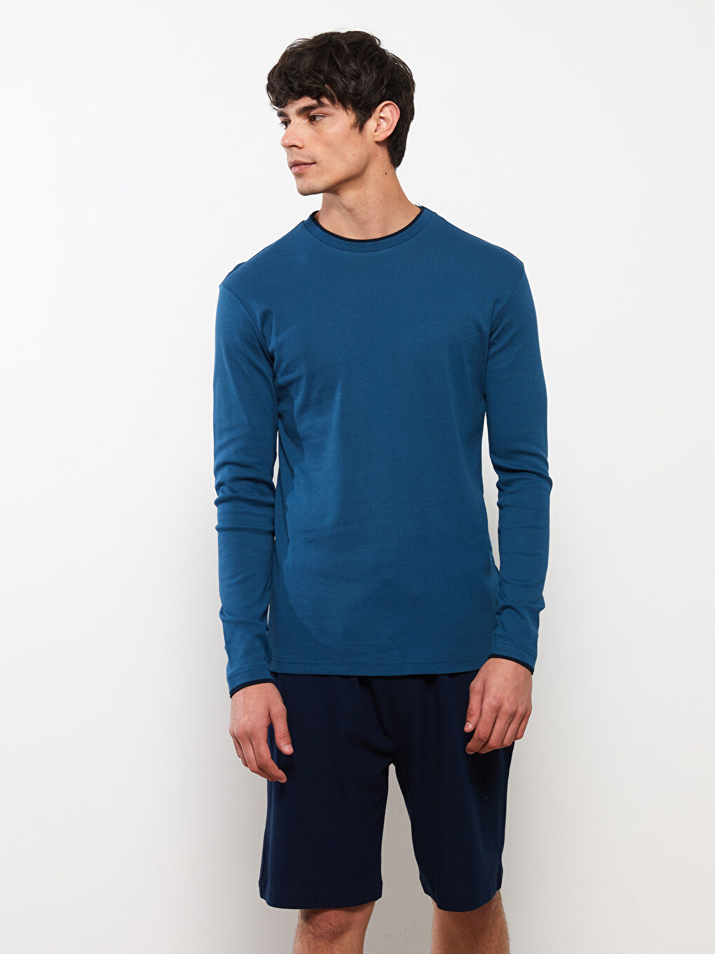 Petrol Bisiklet Yaka Uzun Kollu Erkek Pijama Üst-2