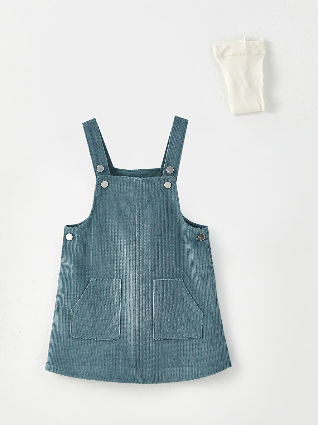 Mavi Kare Yaka Askılı Basic Kız Bebek Salopet ve Külotlu Çorap 2'li Takım-3