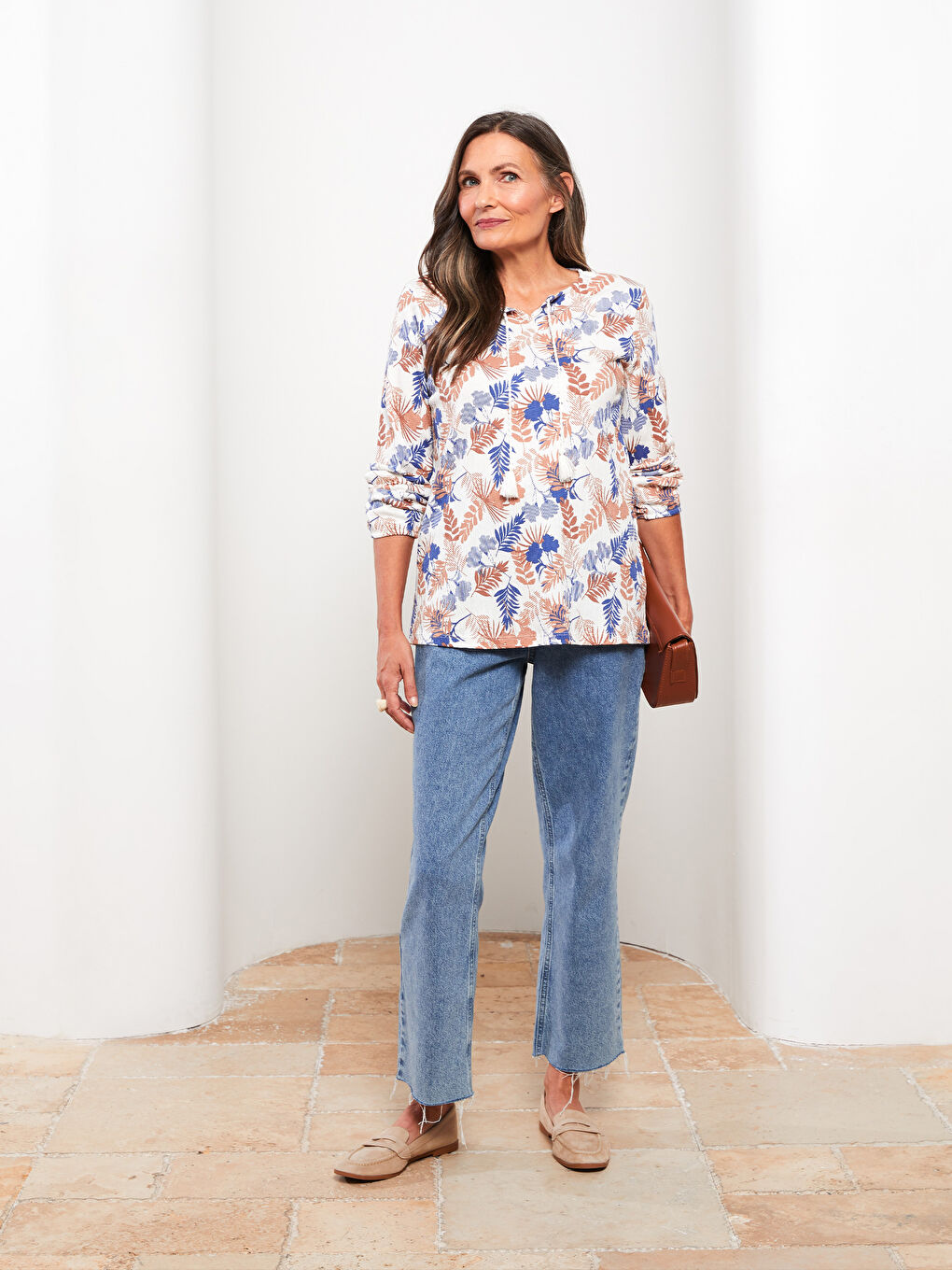 Tie Neck Patterned Long Sleeve Women's Blouse-1