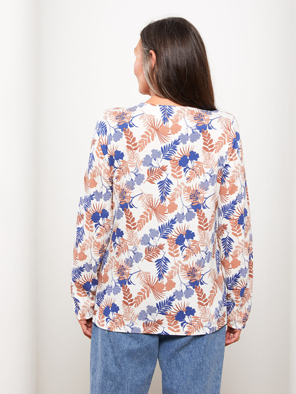 Tie Neck Patterned Long Sleeve Women's Blouse-4