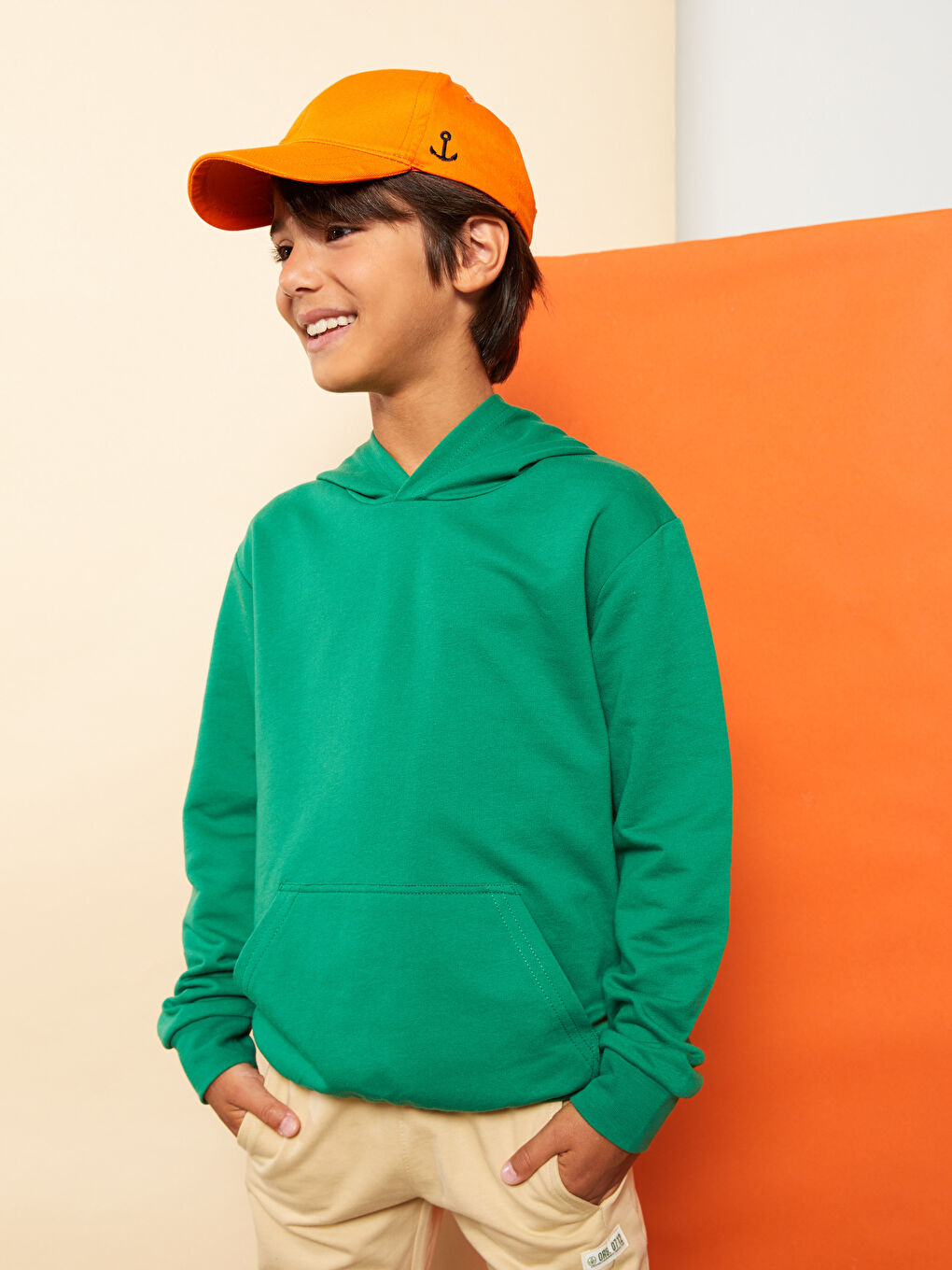 Yeşil Kapüşonlu Basic Uzun Kollu Erkek Çocuk Sweatshirt-2