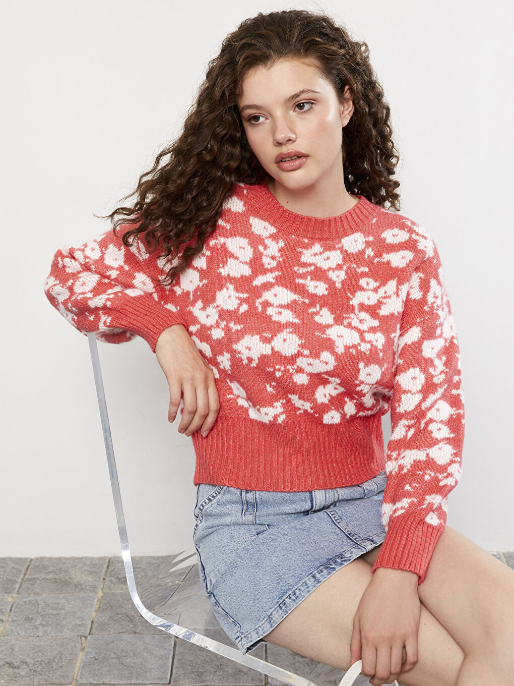 LCW Vision Rundhalsausschnitt Gemustert Langarm Damen Strickpullover -W29542Z8-GTS