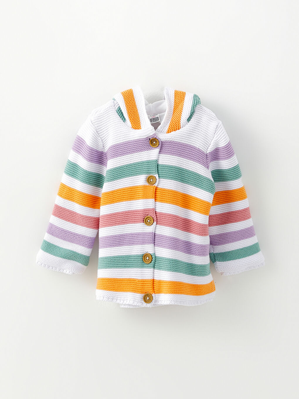 Karışık Kapüşonlu Uzun Kollu Çizgili Kız Bebek Triko Hırka