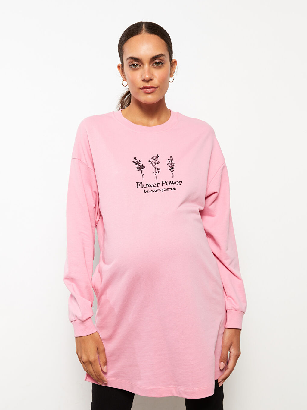 LCWAIKIKI Maternity Pembe Bisiklet Yaka Nakışlı Uzun Kollu Hamile Sweatshirt Tunik - 1