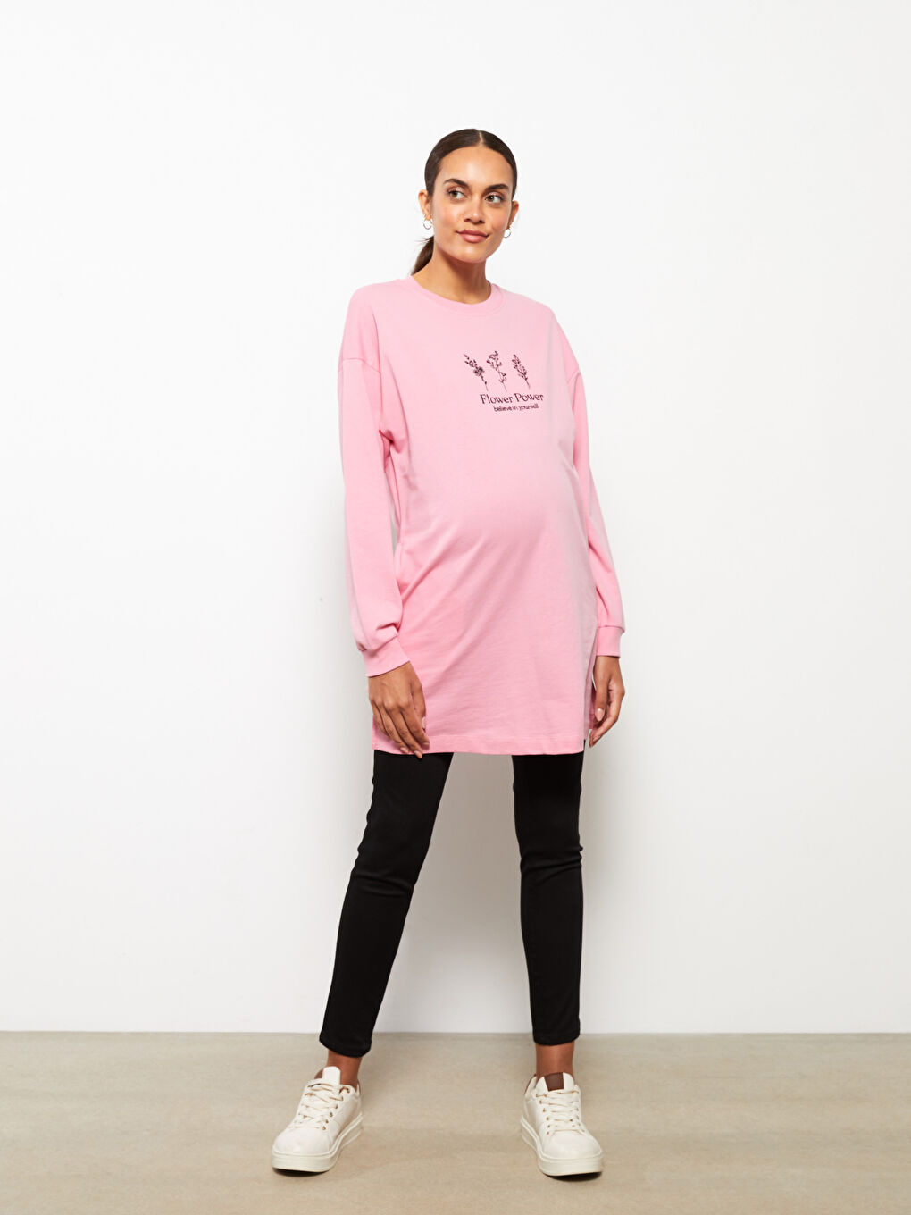 LCWAIKIKI Maternity Pembe Bisiklet Yaka Nakışlı Uzun Kollu Hamile Sweatshirt Tunik - 3