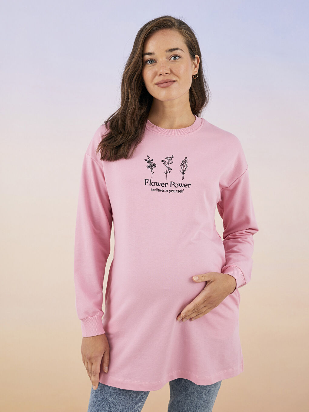 LCWAIKIKI Maternity Pembe Bisiklet Yaka Nakışlı Uzun Kollu Hamile Sweatshirt Tunik - 2