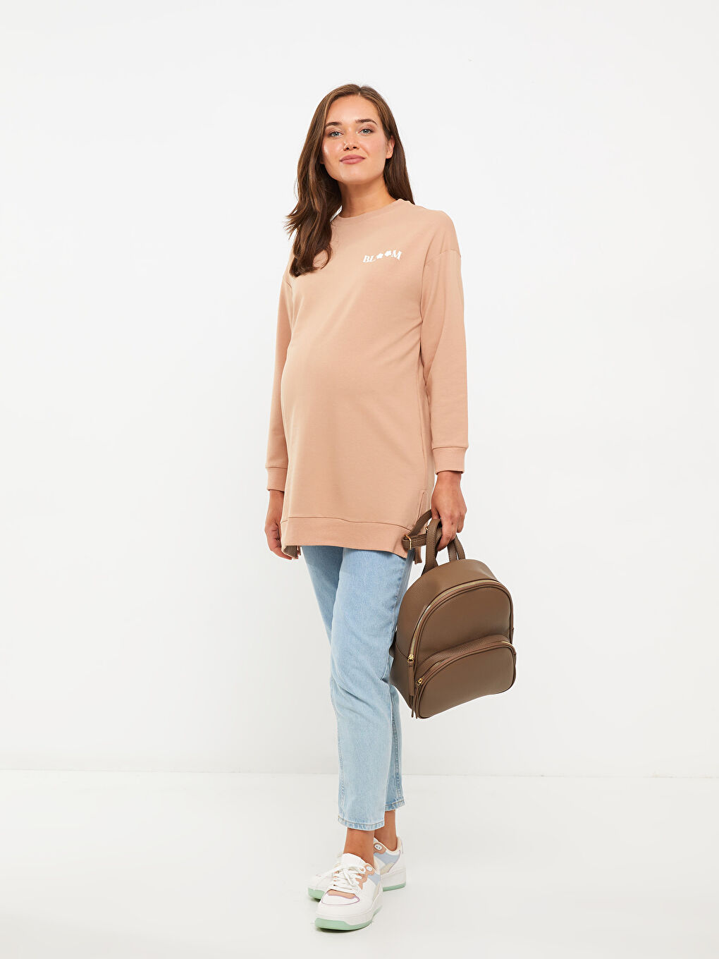 LCWAIKIKI Maternity Açık Kahverengi Bisiklet Yaka Baskılı Uzun Kollu Hamile Sweatshirt Tunik