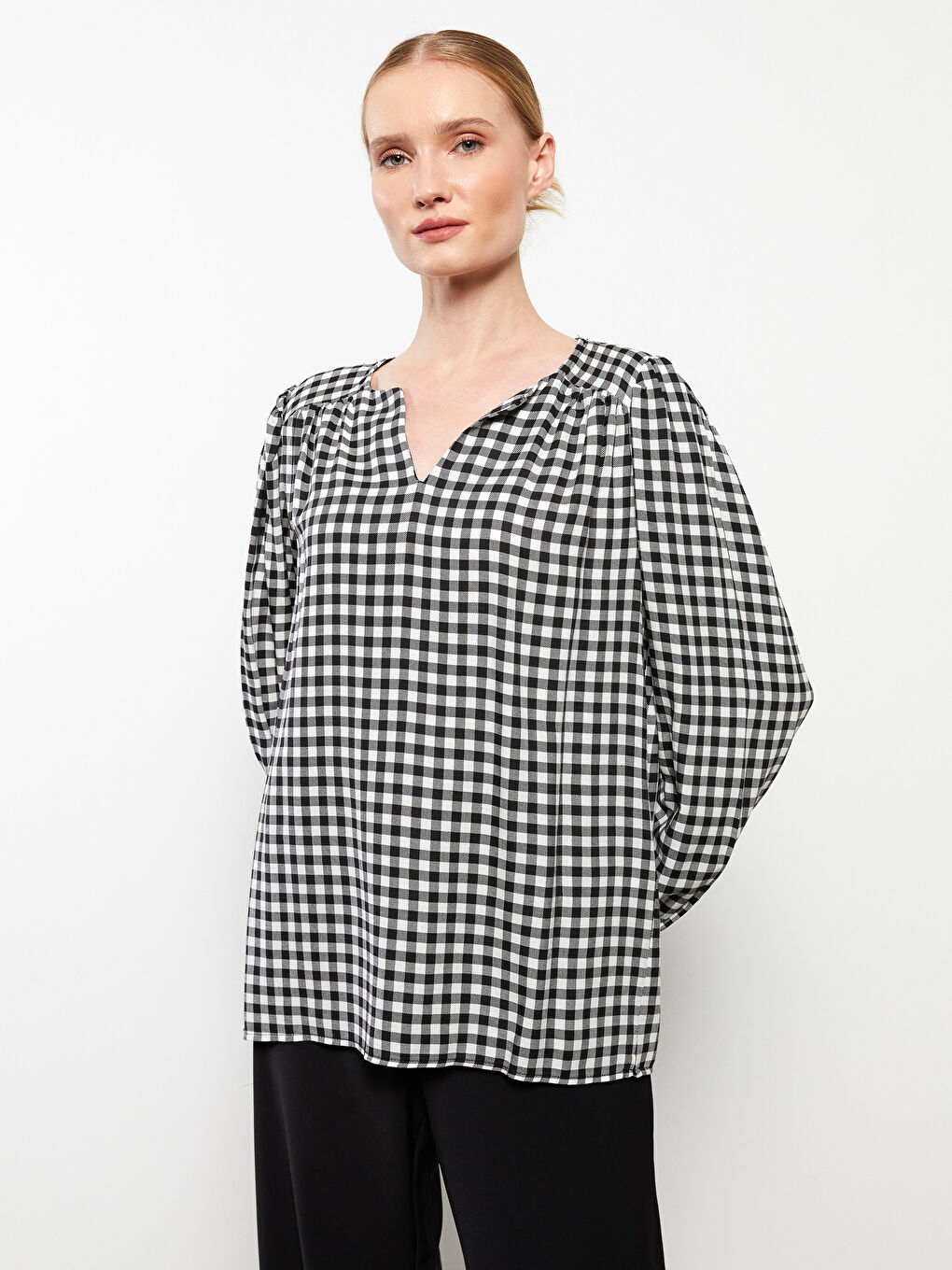 Henley Neckline Plaid Long Sleeve Gabardine Women's Blouse-2
