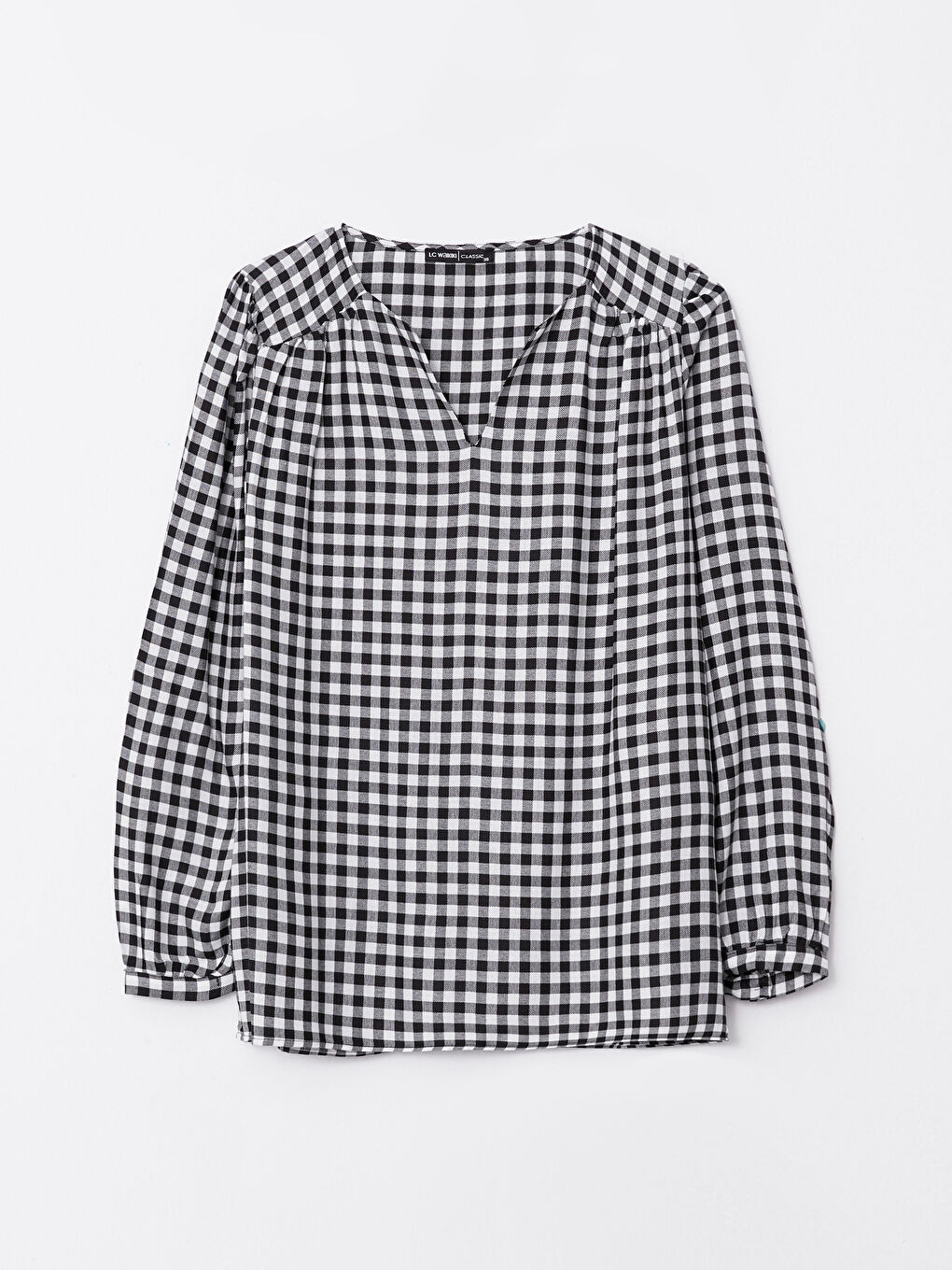 Henley Neckline Plaid Long Sleeve Gabardine Women's Blouse-5