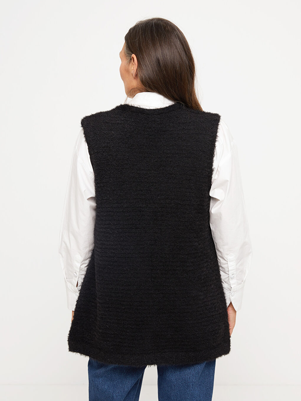 Siyah V Yaka Kadın Triko Yelek-4
