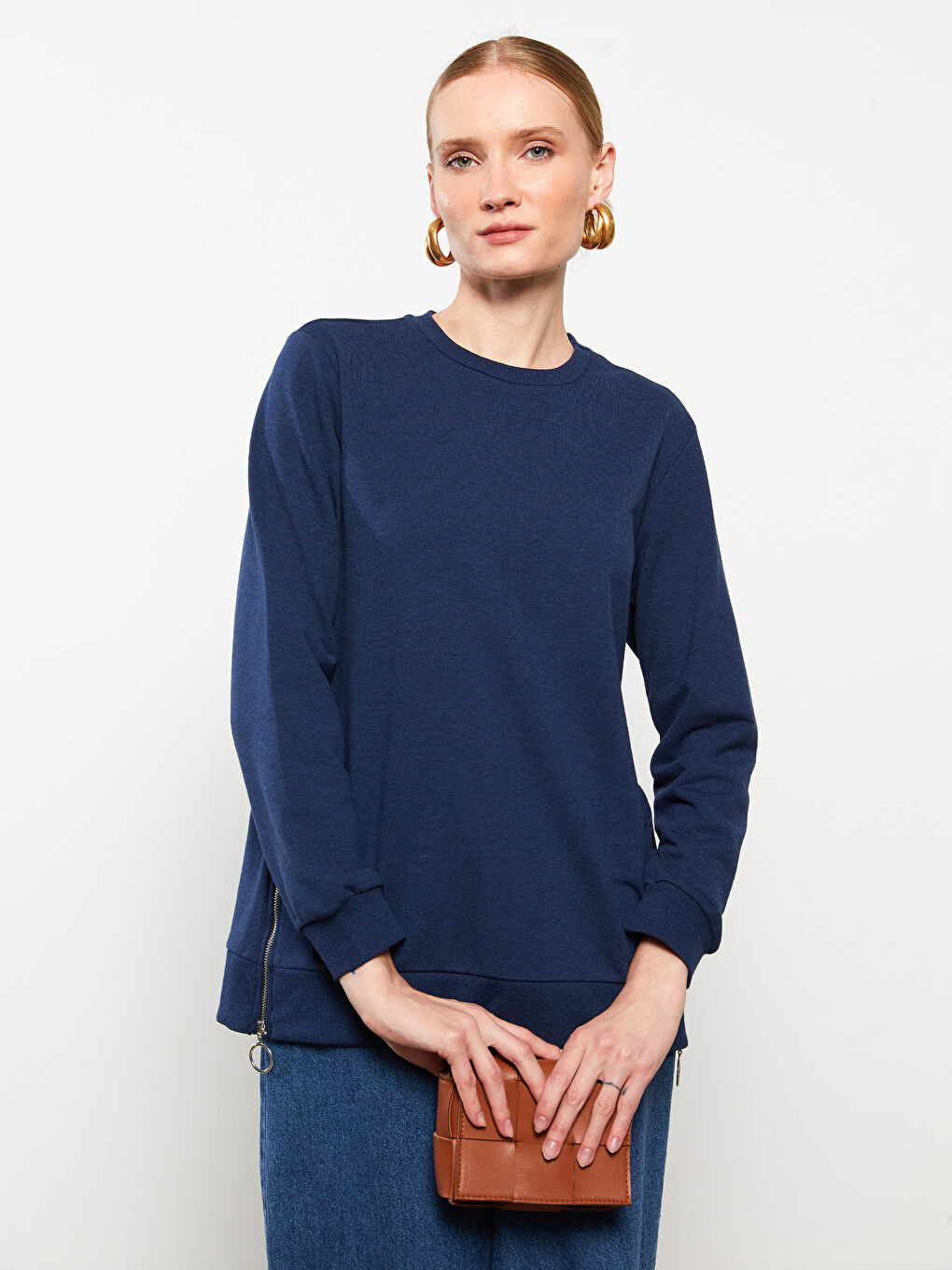 Mavi Bisiklet Yaka Düz Uzun Kollu Kadın Sweatshirt