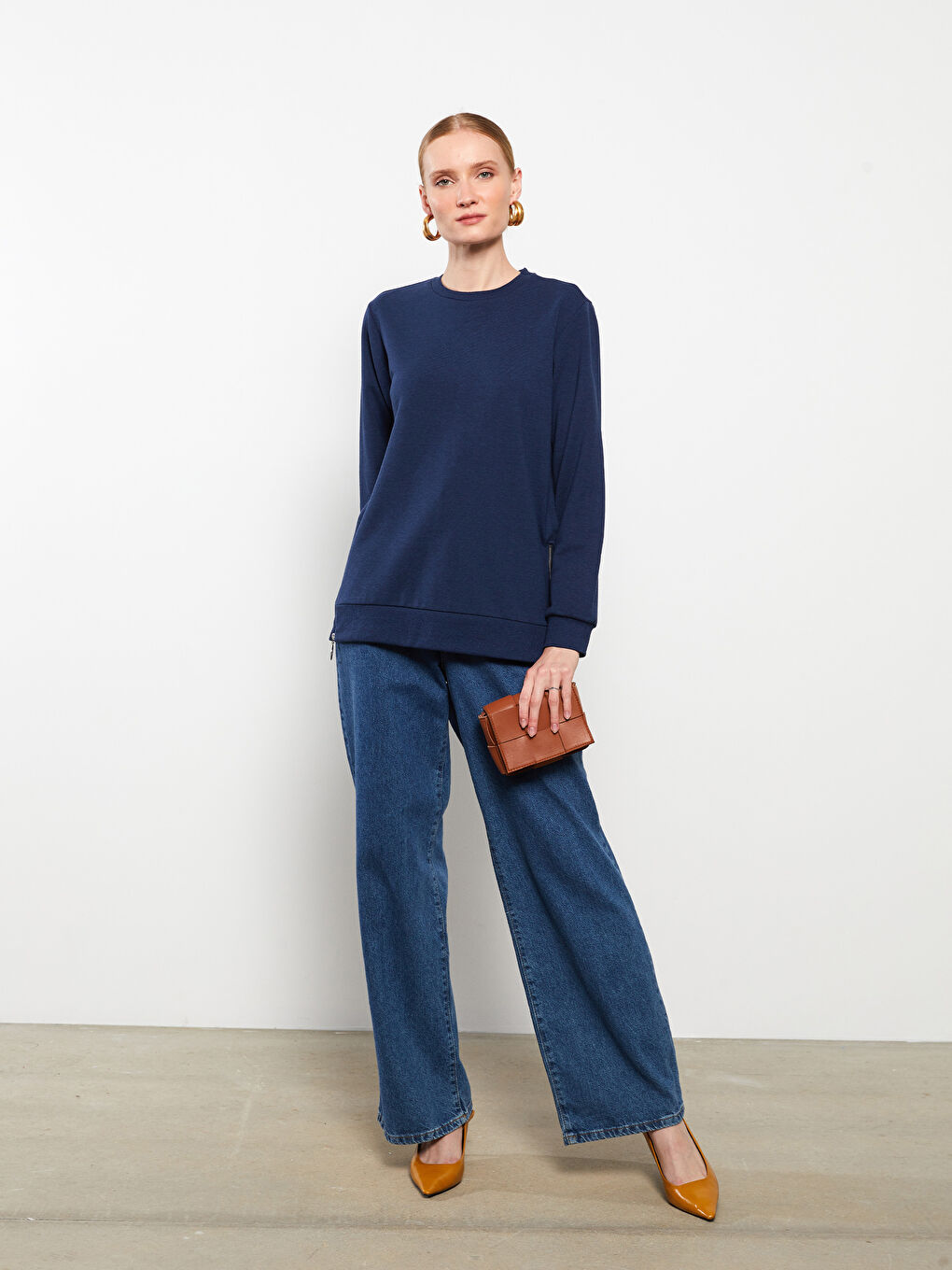 Mavi Bisiklet Yaka Düz Uzun Kollu Kadın Sweatshirt-2