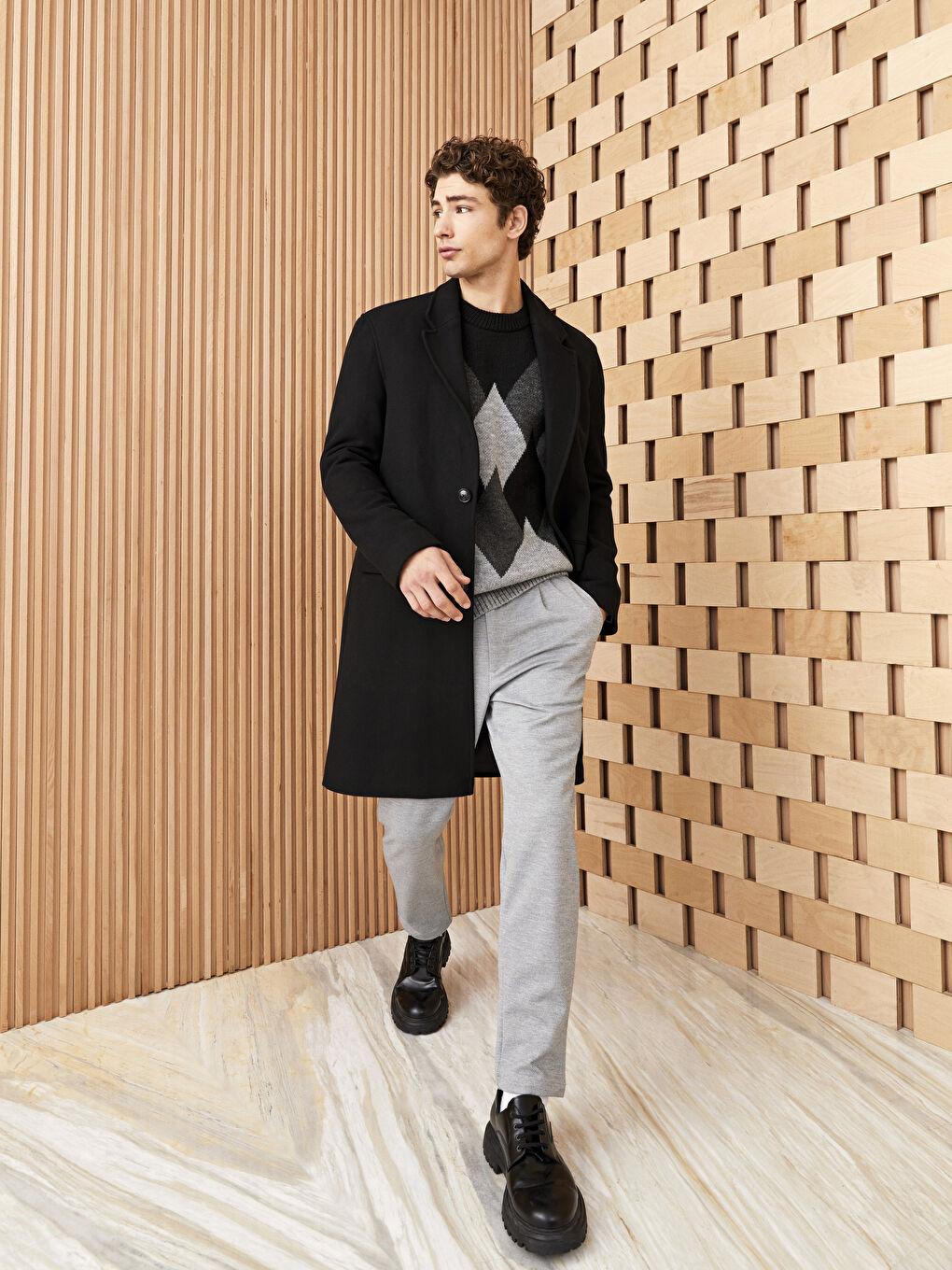 Siyah Rahat Kalıp Ceket Yaka Erkek Kaşe Kaban-3