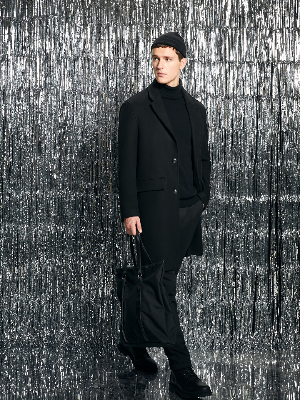 Siyah Rahat Kalıp Ceket Yaka Erkek Kaşe Kaban-1