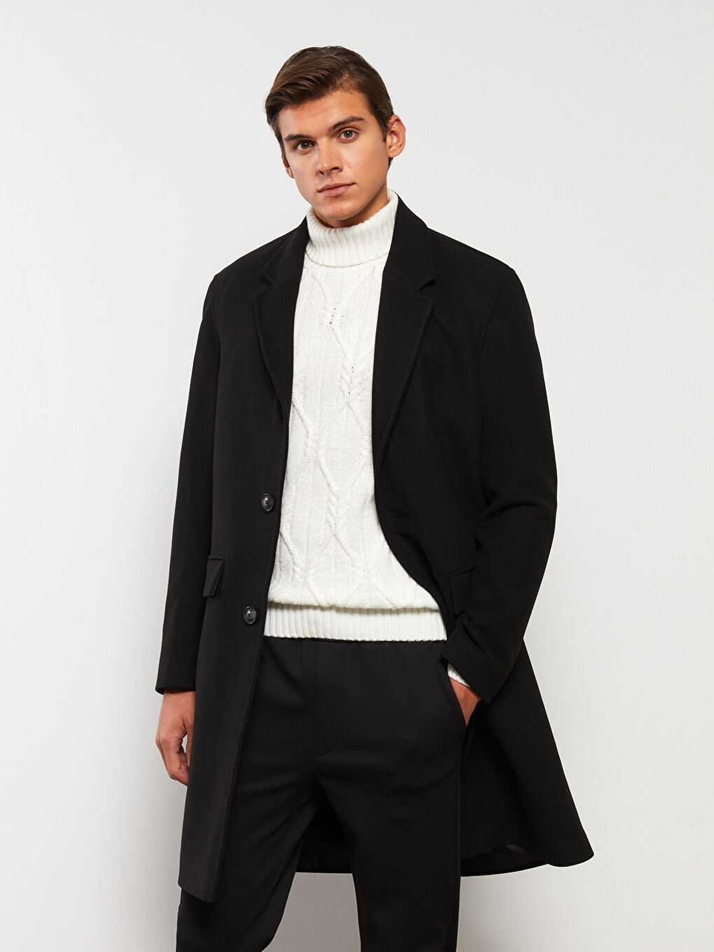 Siyah Rahat Kalıp Ceket Yaka Erkek Kaşe Kaban-5